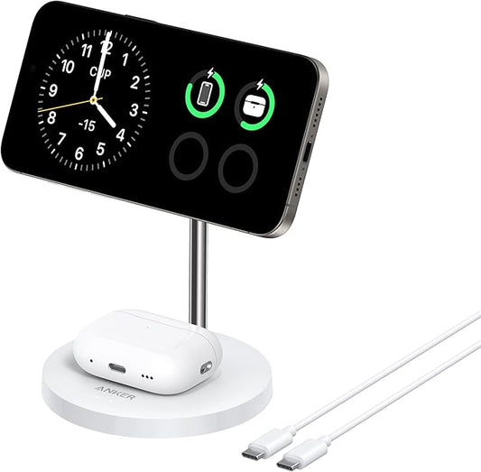 Anker MagSafe Compatible MagGo Charger Stand, iPhone 17 Wireless Charger, 2-in-1 Charging Station, Qi2 Certified 15W Fast Charging, for iPhone 17/16/15/14/13/12, AirPods Pro (White, No Adapter)