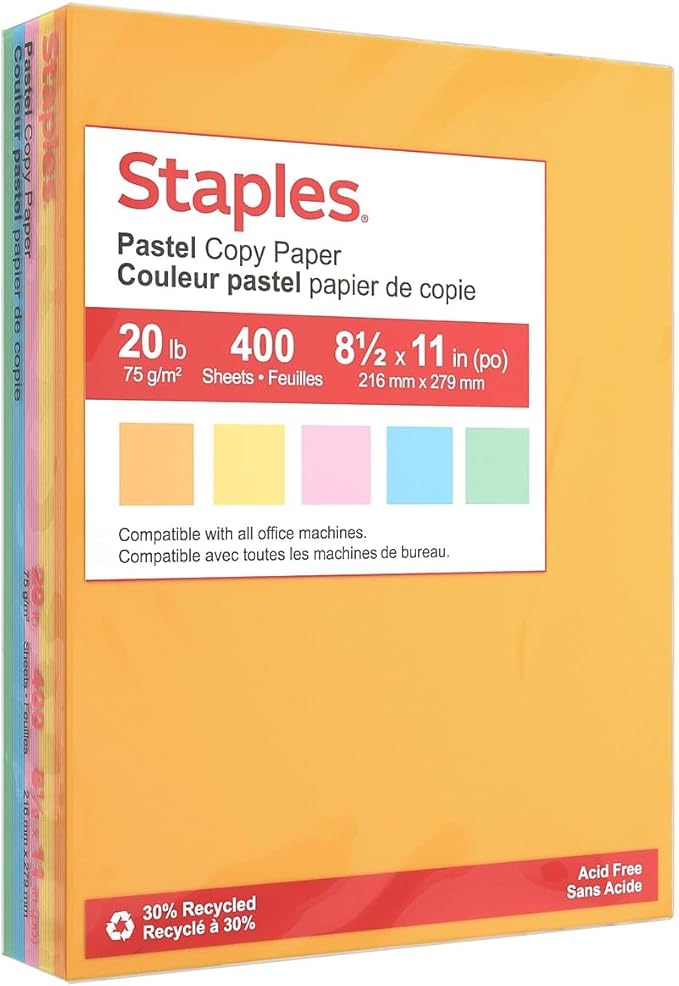 Staples Recycled Pastel Multipurpose Paper, 20 lbs., 8.5-inch x 11-inch, Assorted, 400 Sheets/Pack