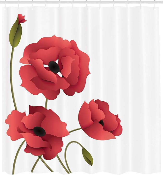Ambesonne Floral Shower Curtain, Poppy Flowers Vivid Petals Buds Pastoral Purity Mother Earth Nature Design, Cloth Fabric Bathroom Decor Set with Hooks, 69" W x 84" L, Dark Pink