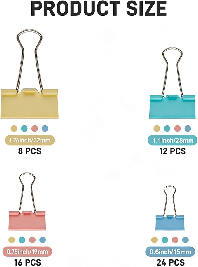 60PCS Colored Binder Clips Assorted Sizes, 4 Sizes Assortment-Includes Large, Medium, Small, Mini Metal Clips (1.26", 1.1", 0.75", 0.6"), Heavy-Duty Metal Paper Clamps for Office & School Supplies