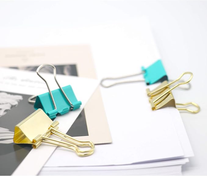 Gold Blue Binder Clips and Paper Clips Set (3-in-1 Boxed), for Office School Supplies Teachers Classroom Daily use