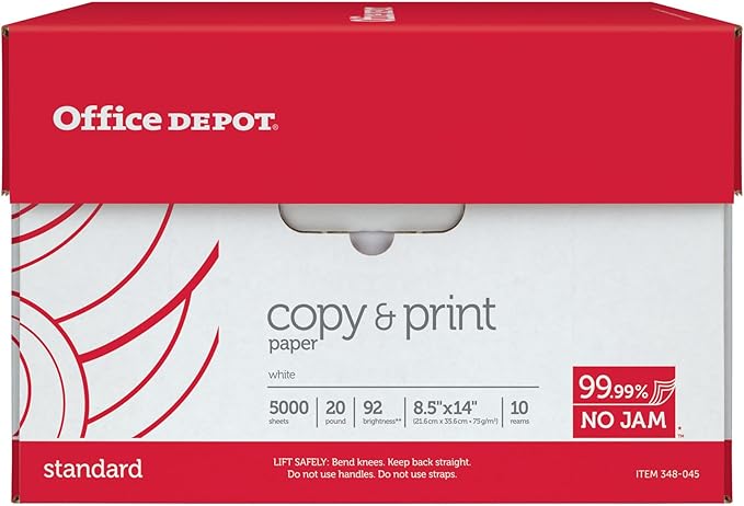 Office Depot Copy Print Paper, Legal Size, 20 Lb, 500 Sheets Per Ream, Case Of 10 Reams, 063224