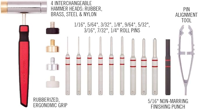 Real Avid Roll Pin Punch Set & Hammer + Non-Slip Magnetic Bench Block | 10 Nickel-Plated Steel Roll Pin Punches, 4 Interchangeable Hammer Heads - Brass, Steel, Ruber, Nylon & Non-Marring Bench Block
