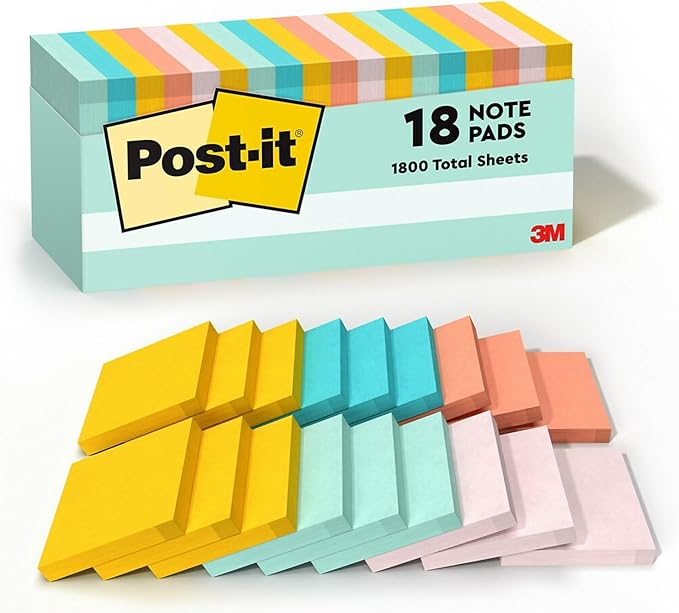 Post-it Sticky Note, 3" x 3", Beachside Café Collection, 100 Sheets/Pad, 18 Pads/Pack (654-18APCP)