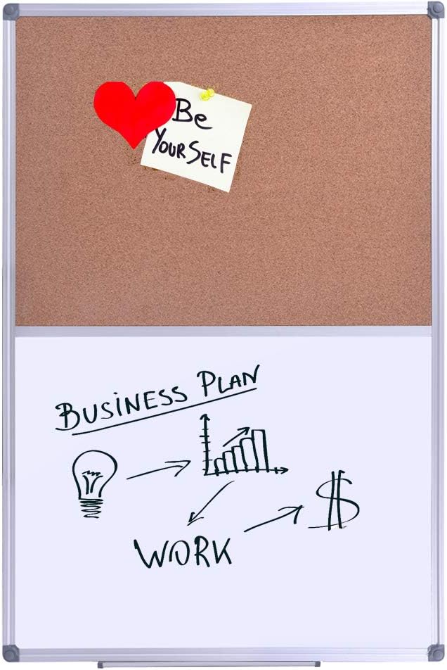 Magnetic Combination Whiteboard & Cork Bulletin Board 48 x 36 Inch - Dual Surface Vision Board for Home Office Organization, Kitchen Meal Planning & School Study - Silver Aluminum Frame