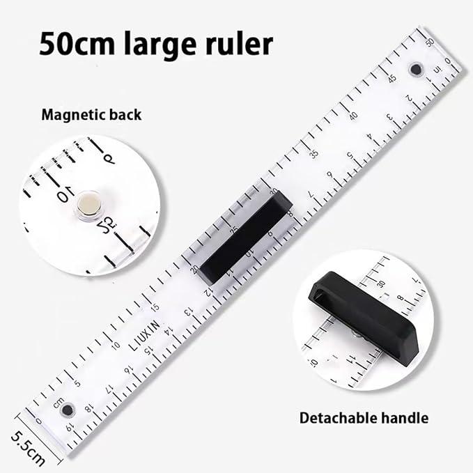 Magnetic Geometry Tool Set Clear Drafting Tools Mathematics Protractor, Triangular Scale Ruler Math Classroom Teaching Measurement Set Oversized Ruler (Transparent 2-Piece Set)