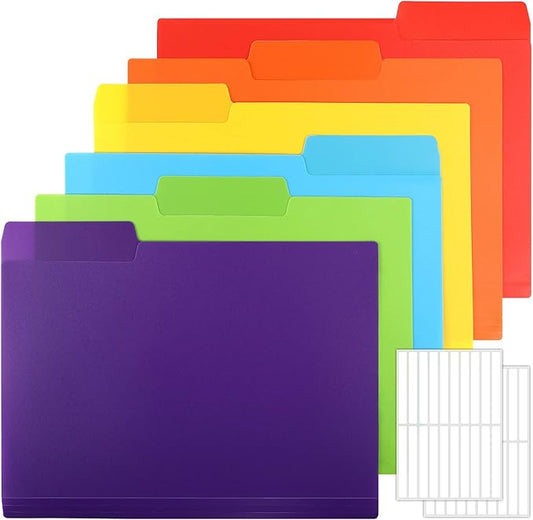 EOOUT 30pcs Colored File Folders, 9'' x 11.6'' Manilla Folders, Plastic File Folders, 3 Tab Poly Folder, 6 Colors with 40pcs Erasable Category Labels, for School and Office Supplies