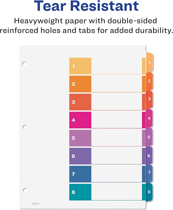 Avery Dividers for 3 Ring Binders, 8 Tabs per Set, Customizable Table of Contents, Multicolor Tabs, Great for Organizing High-Volume Reports, Projects, and More (24 Sets of 11168)