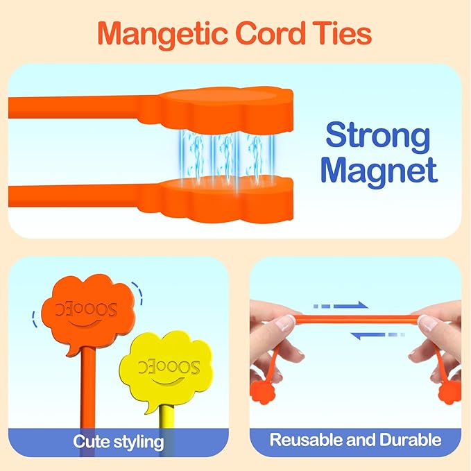 SOOOEC Magnetic Cable Ties, 8 Pack 7.2" Magnetic Twist ties Cute Cloud Design, Silicone Zip Ties with Strong Magnet for Bundling and Organizing, Fridge Magnets, Assorted Colors.