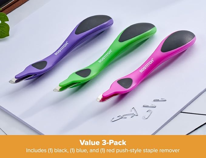 Bostitch Office Professional Magnetic Easy Staple Remover, Staple Puller Stick for Office, Home & School - Neon Colors, 3 Pack