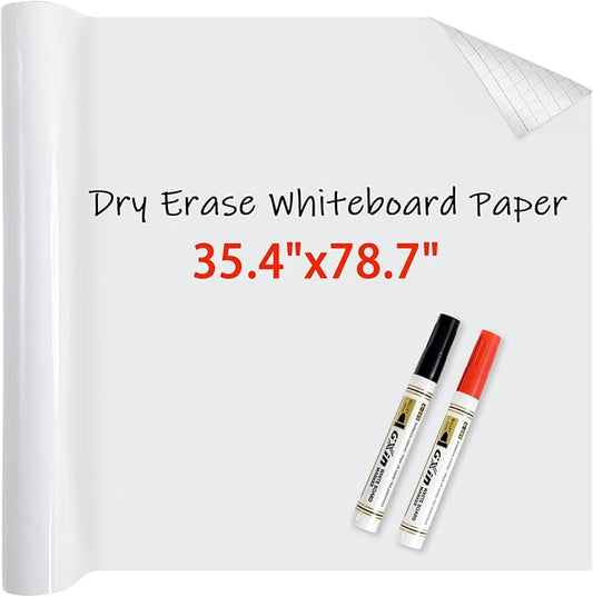White Board Paper with 2 Markers, Large Dry Erase Contact Paper, Peel and Stick Whiteboard Sticker, Self-Adhesive White Board Roll Wallpaper for Office/Home/Drawing (35.4"×78.7")
