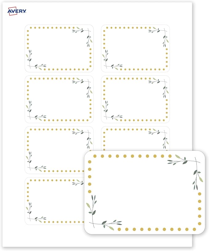 Avery Printable Rectangle Adhesive Name Tags, Green Florals Gold Dots Design, 2-1/3" x 3-3/8", Matte White Removable Name Tags, Laser/Inkjet, 80 Total, Great for Name Badges