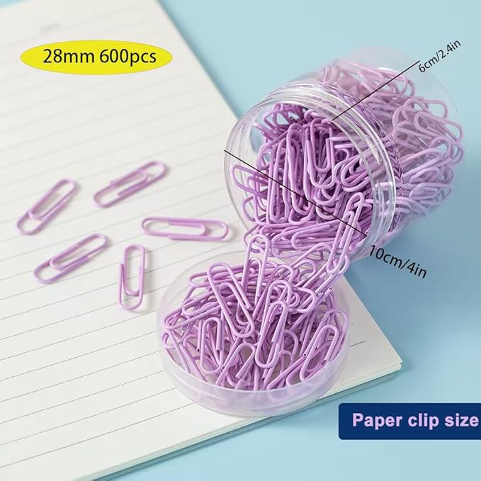 Macaron Colored Paper Clips, 1.1" Medium Paper Clip（28mm, 600pcs Paperclips for Office Supplies and Organization (Purple)