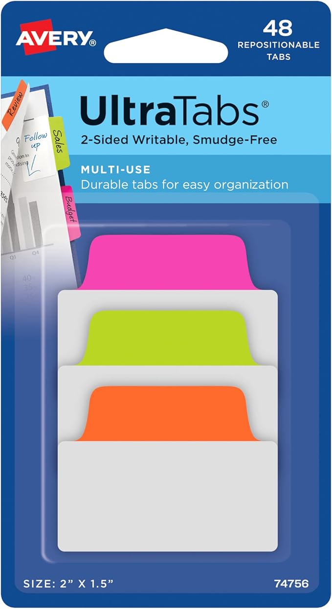 Avery Multiuse Ultra Tabs, 2" x 1.5", 2-Side Writable, Neon Pink/Green/Orange, 48 Repositionable Tabs (74756)
