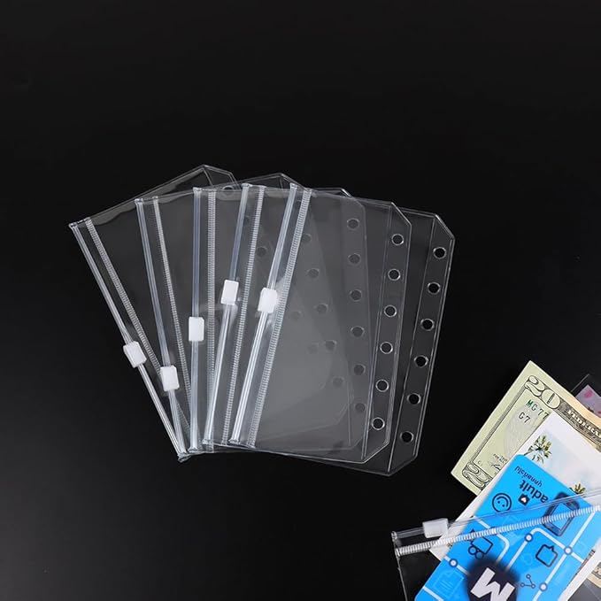 12PCS A7 Clear Zipper Binder Pockets - 6 Holes Pouches Bag for Loose-Leaf Journal Budget Filing