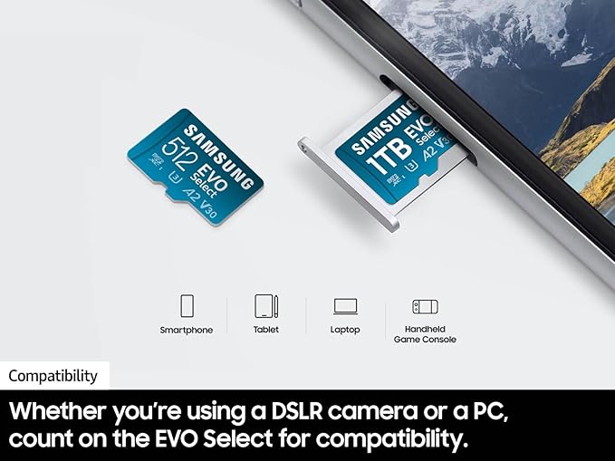 Samsung EVO Select microSDMemory Card + Adapter, 256GB microSDXC, Up-to 160 MB/s, 4K UHD, UHS-I, C10, U3, V30, A2, for Mobile Phone, Smartphones, Nintendo-Switch, and Tablets (MB-ME256SA/AM)