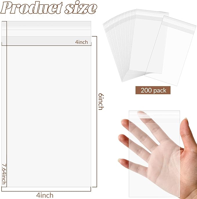 200 Pack Cellophane Bags Self Sealing, Resealable Clear Plastic Sleeves for 4 x 6 Inch Photos Recipe Cards Postcards Art Prints Paintings Cookie Candy, 4-1/2 x 6-1/2 Inch