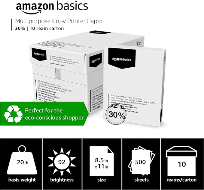 Amazon Basics 30% Recycled Multipurpose Copy & Print Paper, 8.5 x 11 Inches, 20 lb Weight, 92 Bright, White, FSC Certified, 5000 Sheets (10 Reams)