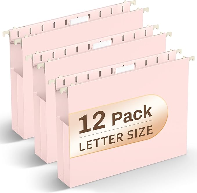 Hanging File Folders Letter Size, 2" Pink Hanging File Folder, Pink File Folders Hanging with 1/5 Cut Tabs, 12 Pack Plastic Hanging Folders Accordion Pockets for Office Filing & Organization