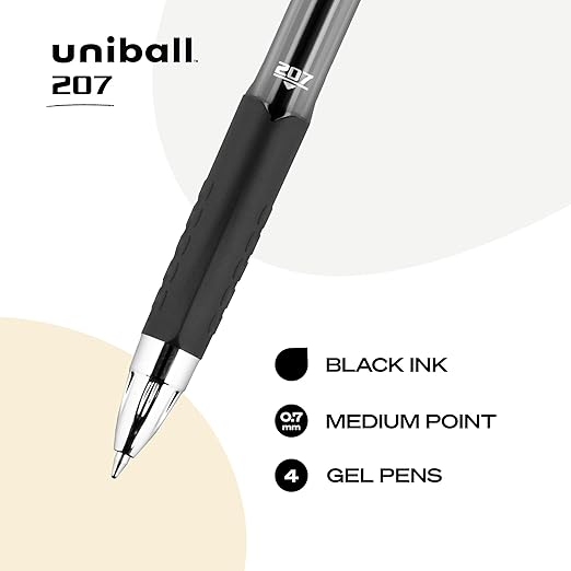 uni-ball 207 Retractable Gel Pens, Medium Point (0.7mm), Black, 4 Count