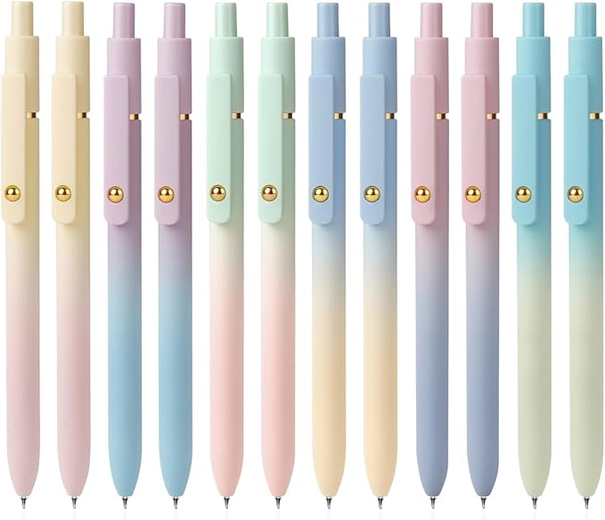 FIOVER Gel Pens, 12 Pcs 0.7mm Comfort Grip Quick Dry Black Ink Pens Fine Point Smooth Writing Pens, Cute Office Supplies Gifts for Women (12PCS Gradient Black Ink)