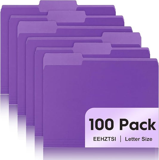 100-Pack Color File Folders, 1/3 Cut Tab, Letter Size Manilla Folder for School/Office/Classroom, Purple