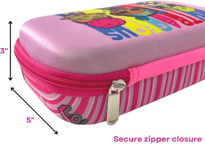 LOL Surprise Doll Pencil Case Set with LOL Stickers and Gel Pens for Girls, Molded with Zip Closure, Pink