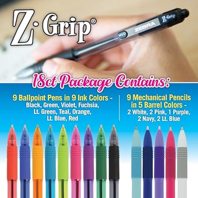 Zebra Pen Z-Grip Writing Set, Retractable Medium Point Ballpoint Pen and Mechanical Pencil, #2 HD Lead Pencils, Assorted Ink Colors, School Supplies, Ideal for Note-Taking, 18-Pack (23618)