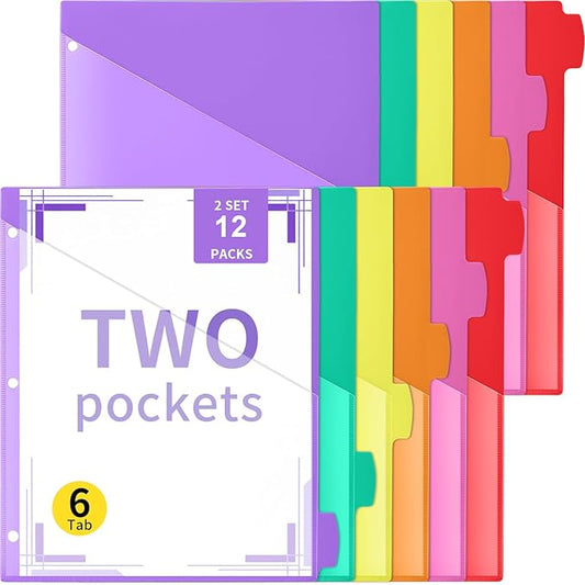 Epakh 12 Pcs Binder Dividers for 3 Rings Binders Index Dividers with Two Clear Pockets Plastics Sheets Protectors with Tab Labels for School Office Organization (Colorful)