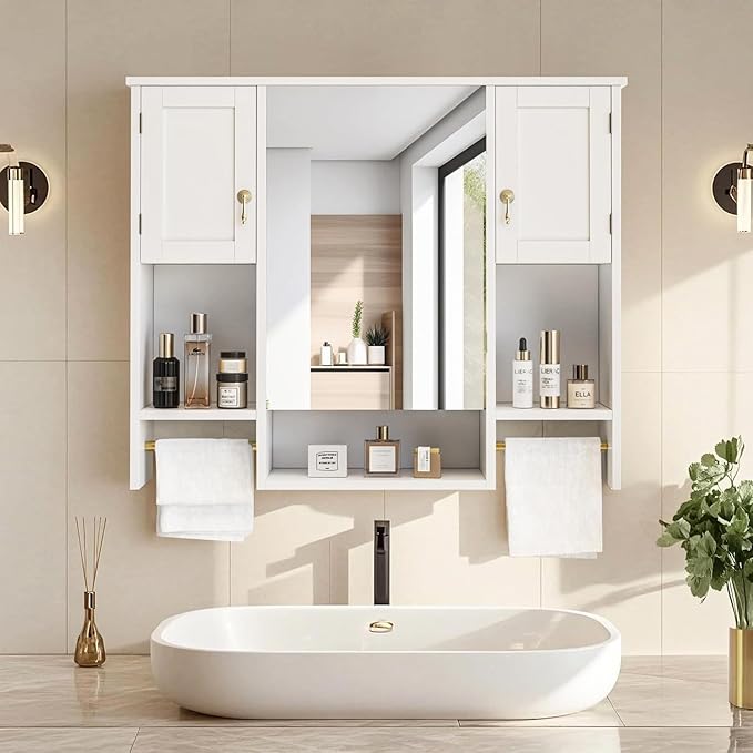 VECELO Bathroom Wall Cabinet with Mirror, Wall Mounted Medicine Cabinet with Open Shelves, 2 Towels Bars for Bathroom Laundry Room Kitchen, 35.04 * 7.09 Inches, Gold