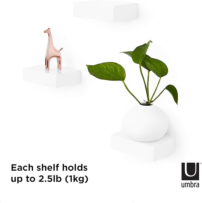 Umbra Showcase Floating Shelves (Set of 3), Gallery Style Display for Small Objects and More, White