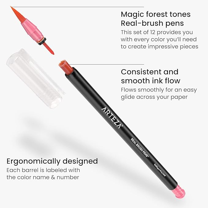 ARTEZA 12 Watercolor Pens for Artists, Magic Tones Real Brush Pens, Blendable Watercolor Markers for Adults