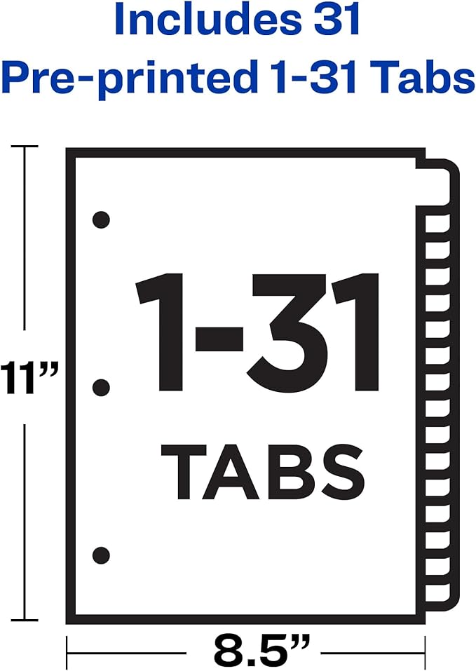 Avery Gold Reinforced Leather Tab Dividers, 31-Tab, 1-31, Letter Size, Black, 31 per Set (11352) (Pack of 12)