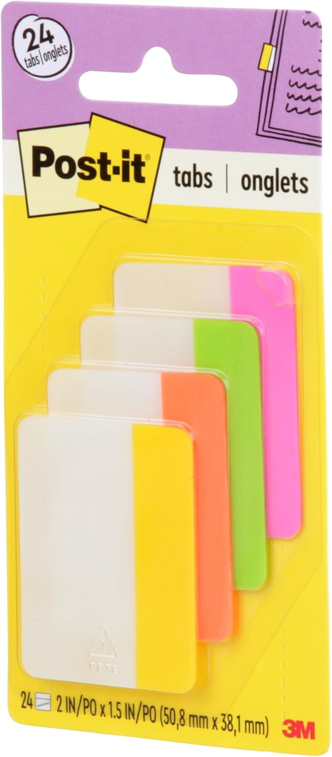 Post-it Dividing Tabs, 2 in. x 1.5 in. (50.8 mm x 38 mm), Durable, Writable & Repositionable for File Folders/Binders, Solid Assorted Bright Colors, 6-Pack (144 Tabs Total)