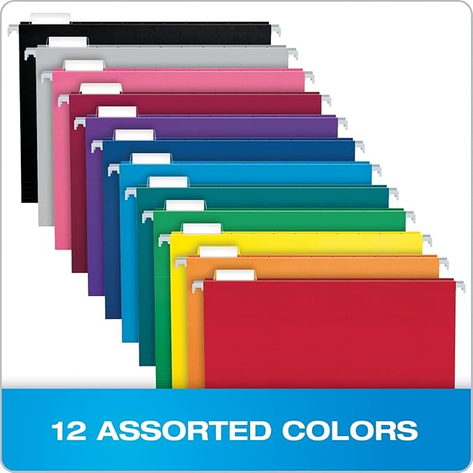 Pendaflex Colored Hanging File Folders Letter Size with 1/5 Cut Adjustable Tabs, 8.5 X 11-12 Assorted Colors, 100 Pack