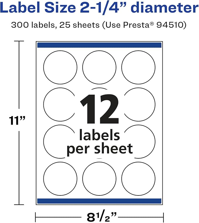 Avery Glossy White Round Labels, Sure Feed Technology, 2.25" Diameter, 300 Glossy White Labels, Print-to-The-Edge, Permanent Adhesive, Laser/Inkjet Printable