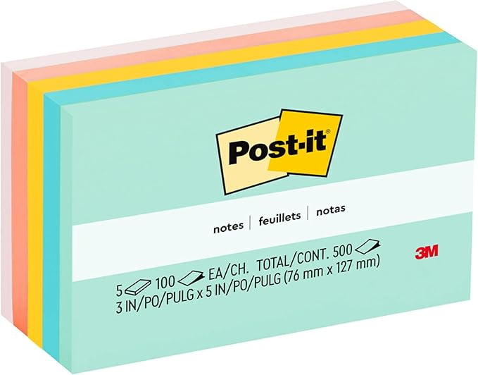 Post-it Notes Original Pads in Beachside Cafe Collection Colors, 3" x 5", 100 Sheets/Pad, 5 Pads/Pack