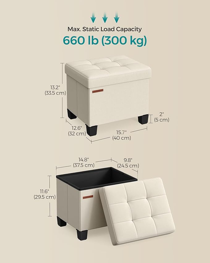 SONGMICS Storage Ottoman, Small Ottoman Foot Rest with Legs, 12.6 x 15.7 x 13.2 Inches Foot Stool, Load up to 660 lb, for Living Room, Bedroom, Dorm, Cream White ULSF012W01