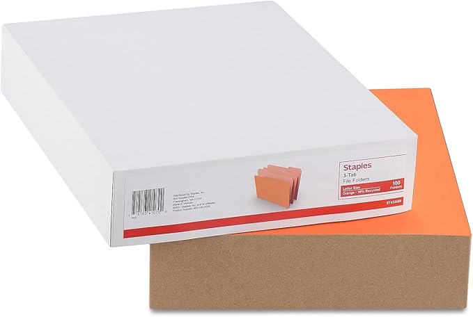 Staples Top‑Tab File Folders, Letter Size, 3‑Tab Design, Orange, Durable Paper Stock, 100/Box