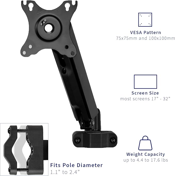 VIVO Universal Full Motion Pneumatic Pole Mount Arm for 17 to 32 inch Monitor Screen, 75mm and 100mm VESA Plate, Black, MOUNT-POLE05A