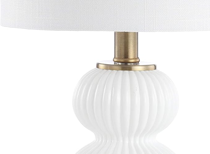 JONATHAN Y 20" White/Brass Gold Ribbed Gourd Glass Table Lamp, Modern Bedside Lamp for Bedroom Living Room, White Linen Drum Shade, LED Bulb Included JYL1099A