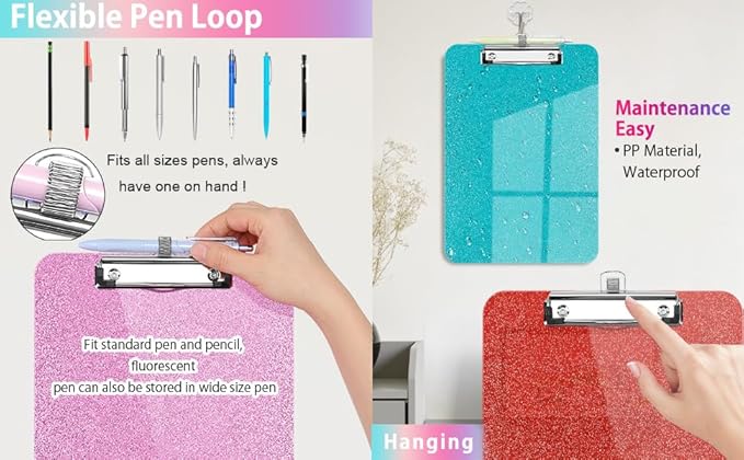 Sparkly Clipboard with Pen Holder, Clear Plastic Glitter Clip Board, Hanging Shiny Clipboards with Low Profile Metal Clip, Letter A4 Size for Taecher Women Office School (Clear Purple)