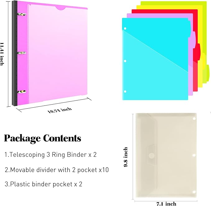 INFUN 1 Inch Telescoping Project Organizer Binder-2PCS,13 Pocket, Customizable Front Cover, 5 Colors Pocket Divider and Plastic Binder Pocket，225 Sheet Capacity-Pink