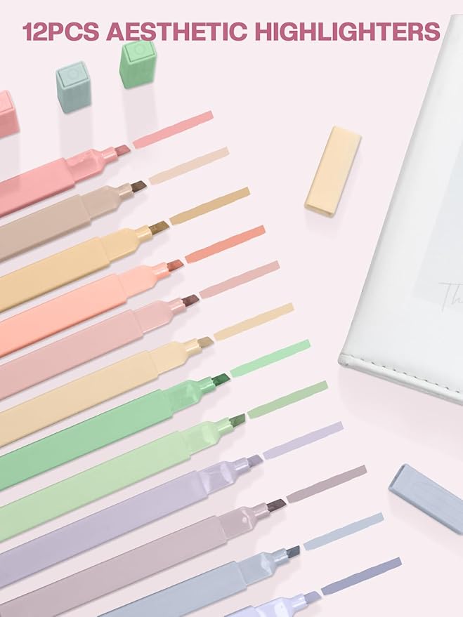 51 PCS Aesthetic School Supplies with Cute Pencil Case, 12 Pastel Highlighters, 8 Quick Dry Retractable Black Ink Pens, 6 Pastel Mechanical Pencil Student Stationary Bible Study Supplies (Pink)
