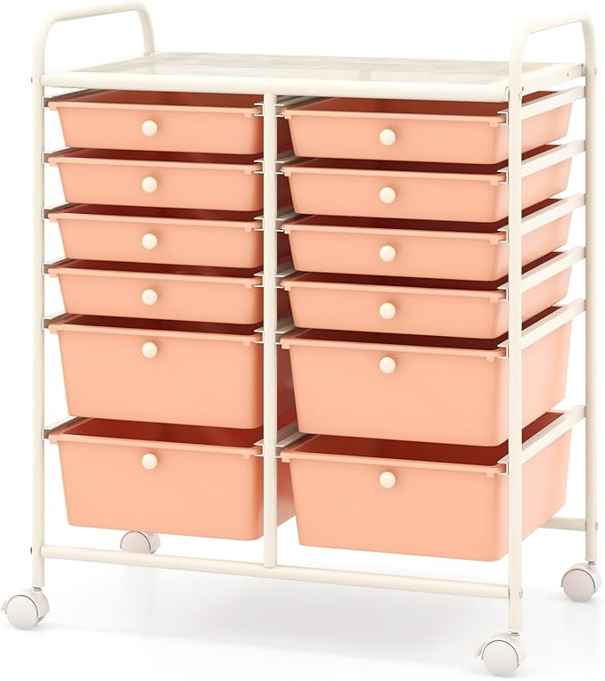 COSTWAY 12-Drawer Rolling Storage Cart, Moveable Art Craft Organizer W/Lockable Wheels, Metal Shelf, Files Arrangement Tools Makeup Storage Cart for Office, Home, School, Peach