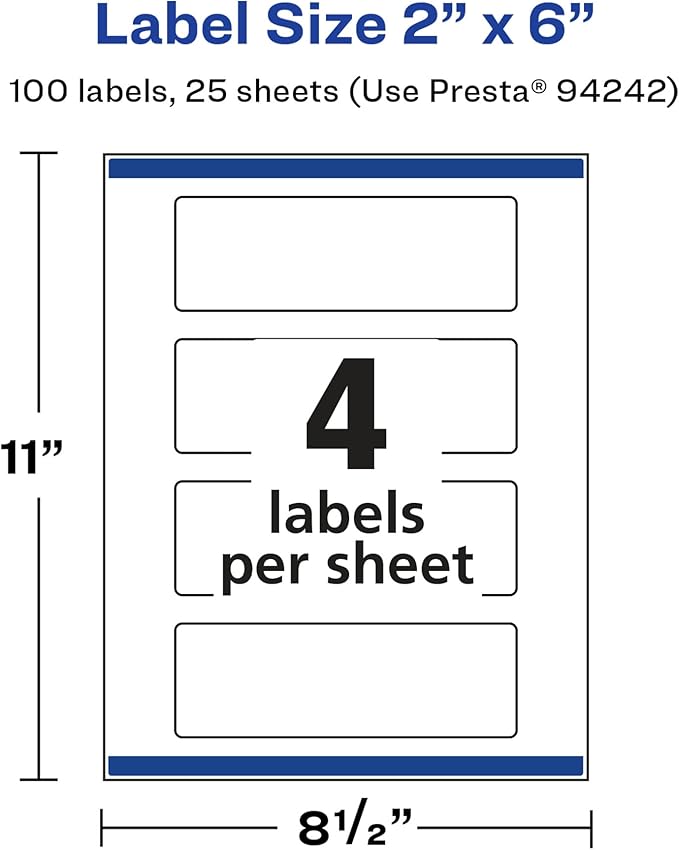 Avery Glossy White Rectangle Labels, Sure Feed Technology, 2" x 6", 100 Glossy White Labels, Print-to-The-Edge, Permanent Adhesive, Laser/Inkjet Printable
