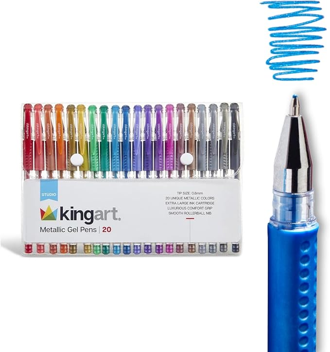 KINGART Metallic Rollerball Gel Pens, Set of 20 Shiny Colors with Soft-Grip Comfort, XL Ink Cartridge - Ink, Great for All Ages, Writing, Coloring, Doodling, Scrapbooking, Journaling & More
