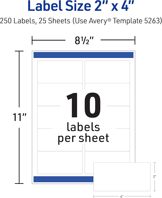 Avery Printable Shipping Labels with Sure Feed, 2" x 4" Customizable Stickers, White, 1,250 Blank Mailing Labels, Great for Mailing, Shipping, and More (5-Pack of 5263)