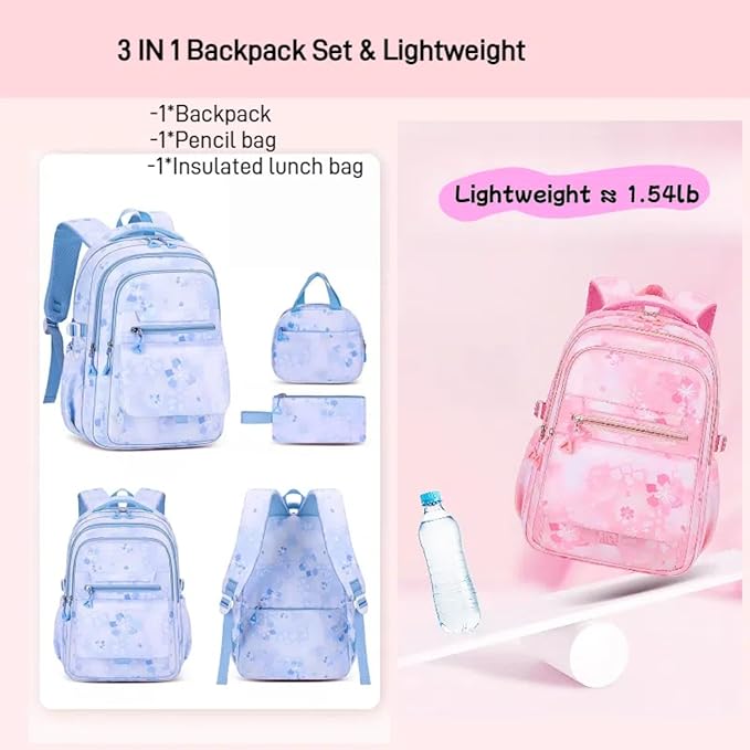 3Pcs Set Backpacks for Girls Teen, Cute Flowers School Bag Girls Bookbags with Lunch Box Pencil Bag, Multi-Pockets Kids Backpack for Elementary & Middle School, Light Blue
