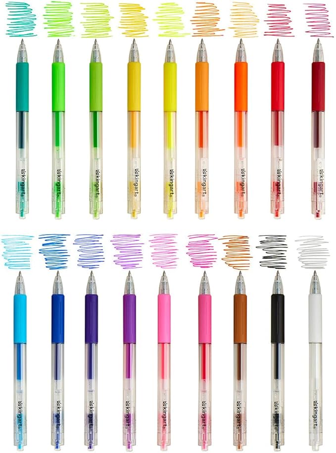 KINGART Retractable Gel Pens, 18-Count Set: Assorted Vibrant Gel Ink Colors for Ultra-Smooth Writing, Adult Coloring, Detailed Art, Journaling, Scrapbooking, and School Supplies.